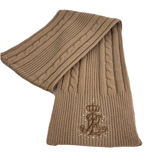 LAUREN RALPH LAUREN Women's Knit Cable Scarf Cream Crest Logo Rhinestones - Picture 3 of 4